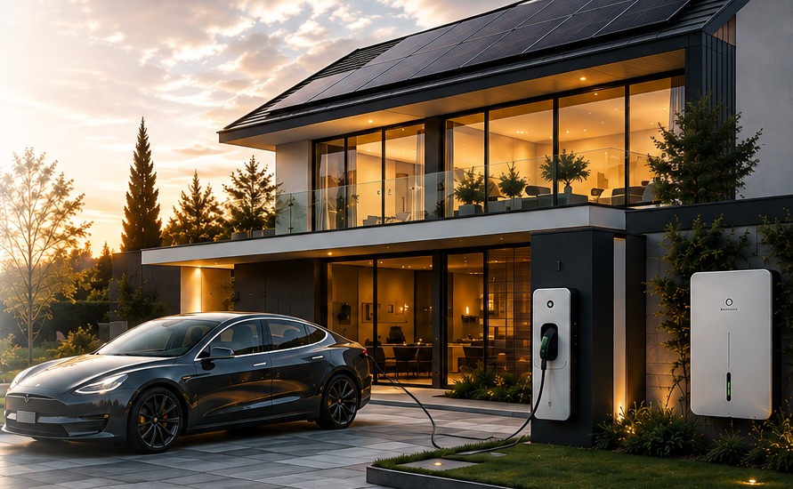 Villa contemporaine belge à l'heure dorée avec panneaux photovoltaïques et borne de recharge