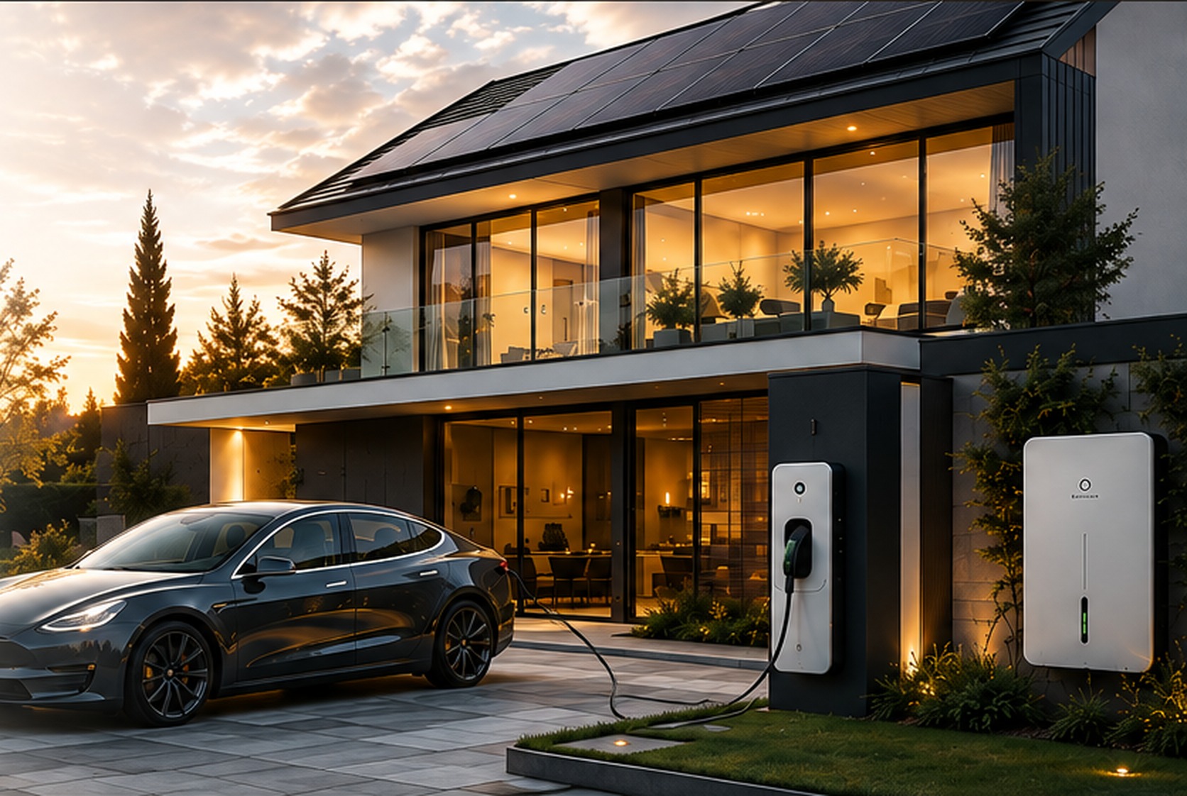Villa contemporaine belge à l'heure dorée avec panneaux photovoltaïques et borne de recharge
